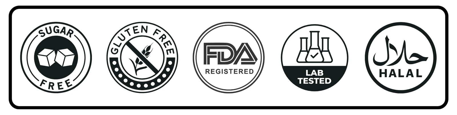 Certifications: sugar-free, gluten-free, FDA registered, lab tested, halal