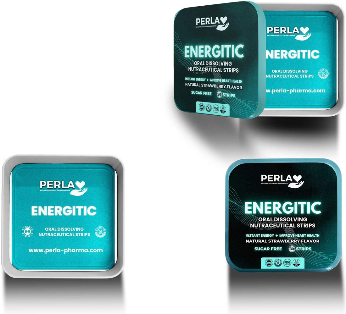 Perla Energitic Oral Strips tin, shown open and closed