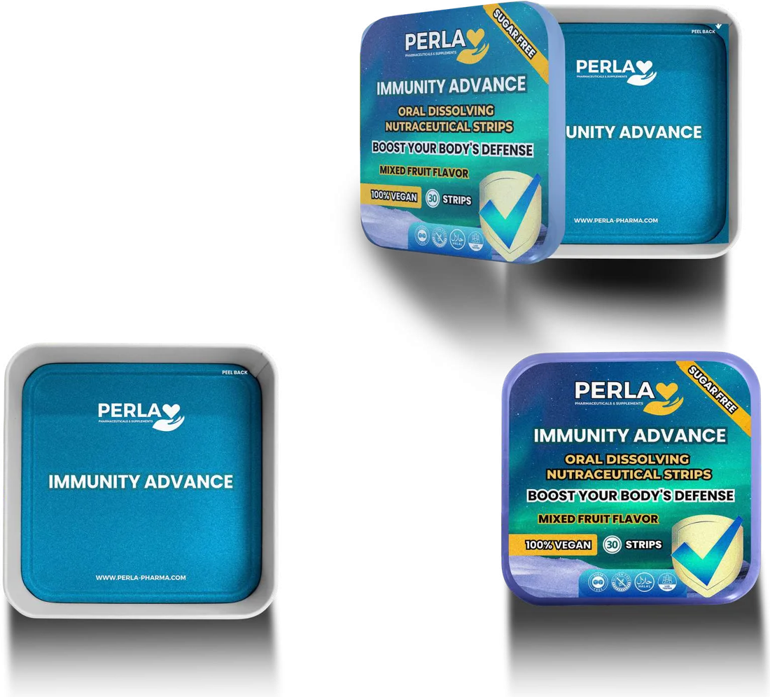 Perla Immunity Advance Oral Strips tin, shown open and closed