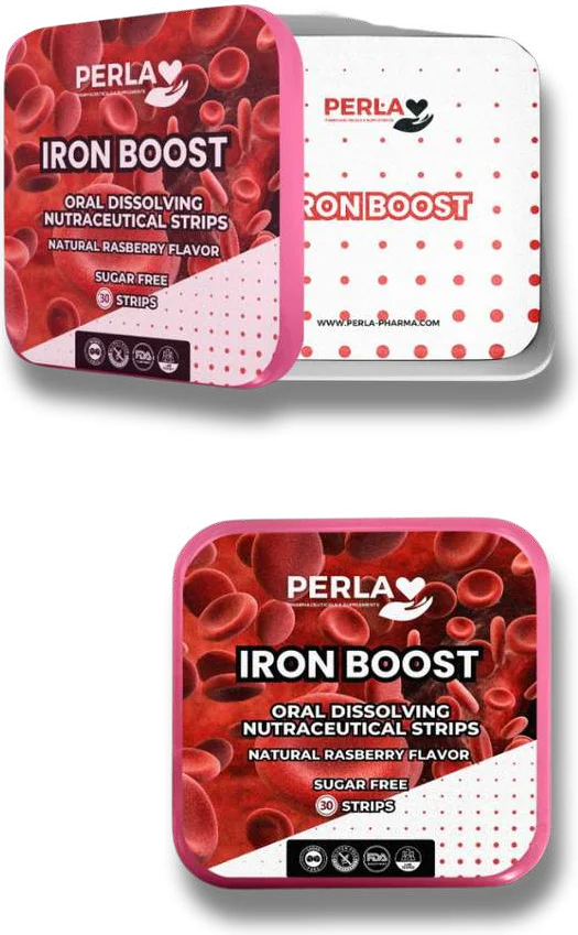 Perla Iron Boost Oral Strips tin, shown open and closed