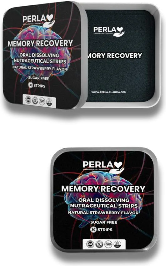 Perla Memory Recovery Oral Strips tin, shown open and closed