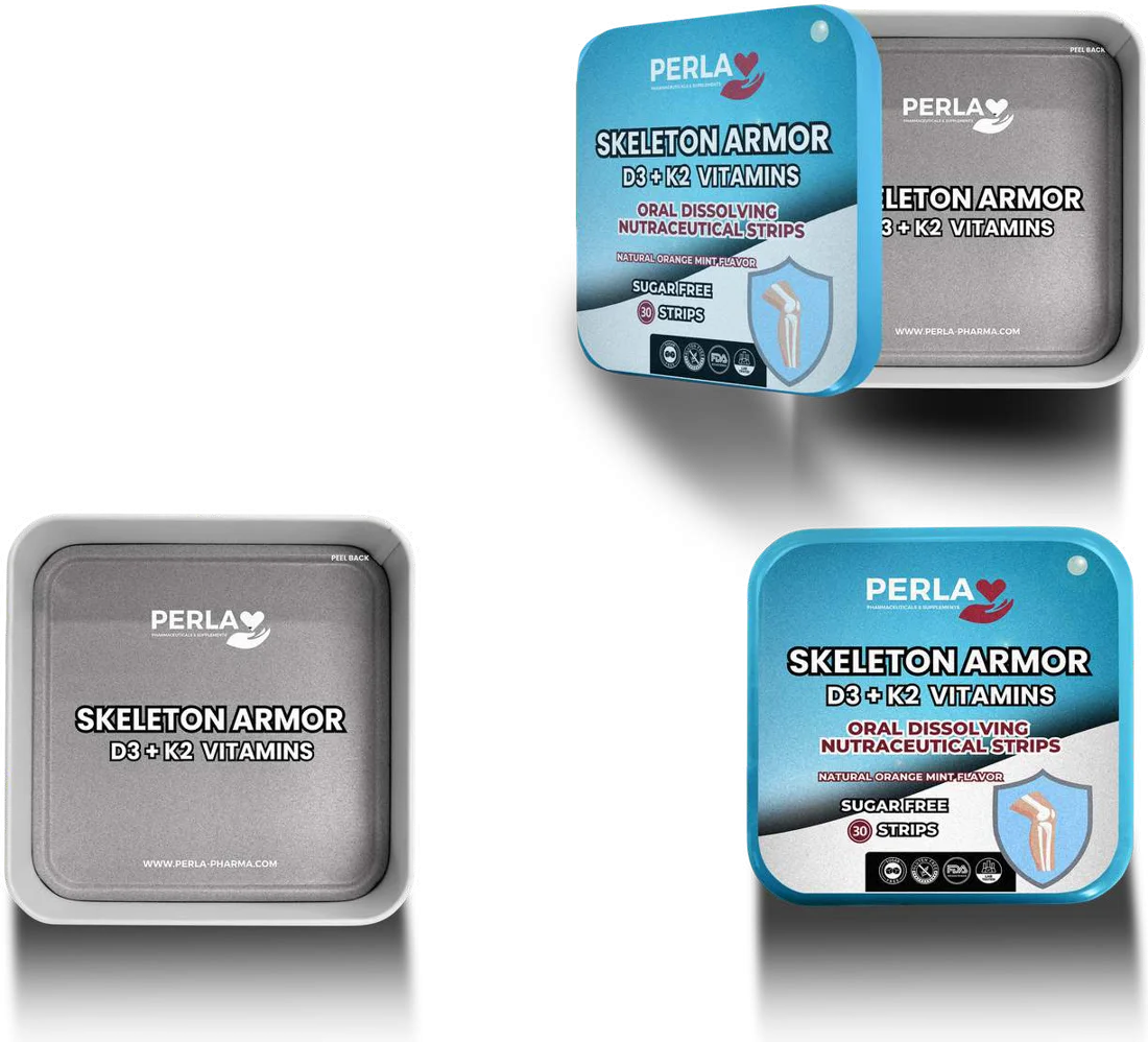 Perla Skeleton Armor Oral Strips tin, shown open and closed