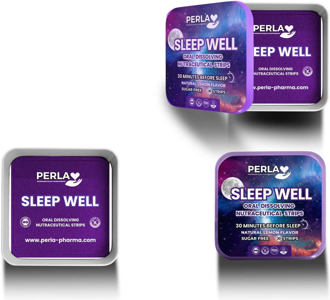 Perla Sleep Well Oral Strips tin, shown open and closed