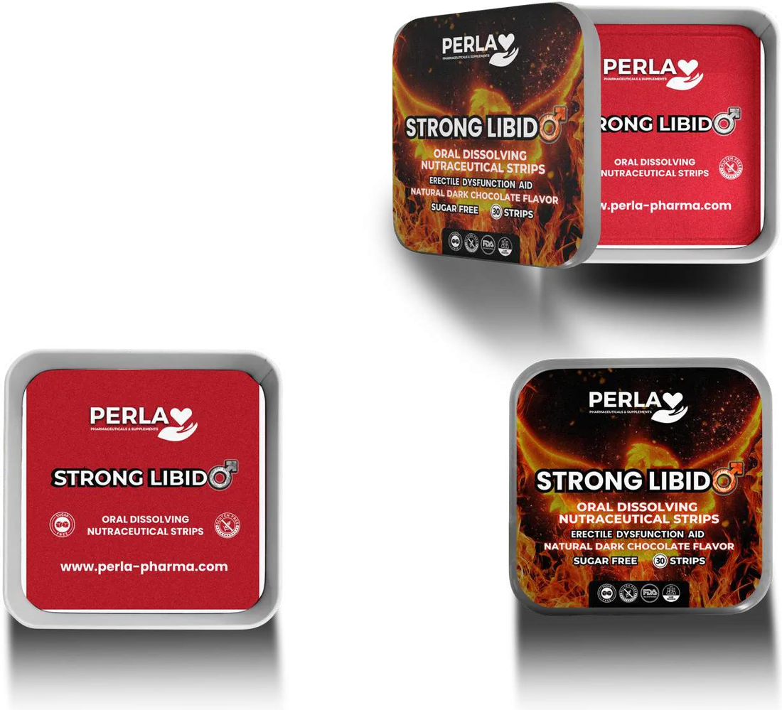 Perla Strong Libido Oral Strips tin, shown open and closed