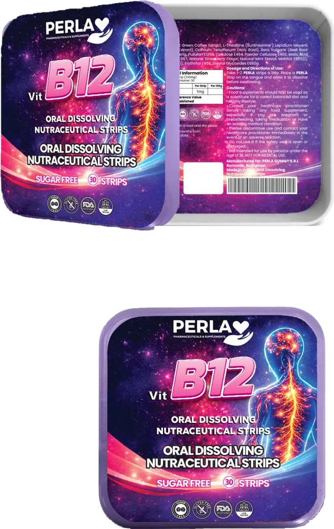 Perla Vitamin B12 Oral Strips tin, shown open and closed